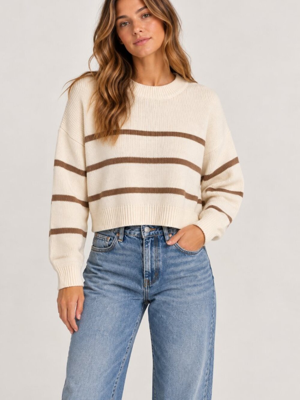 Abercrombie & Fitch Cream Brown Striped Cotton Cropped Sweater Small